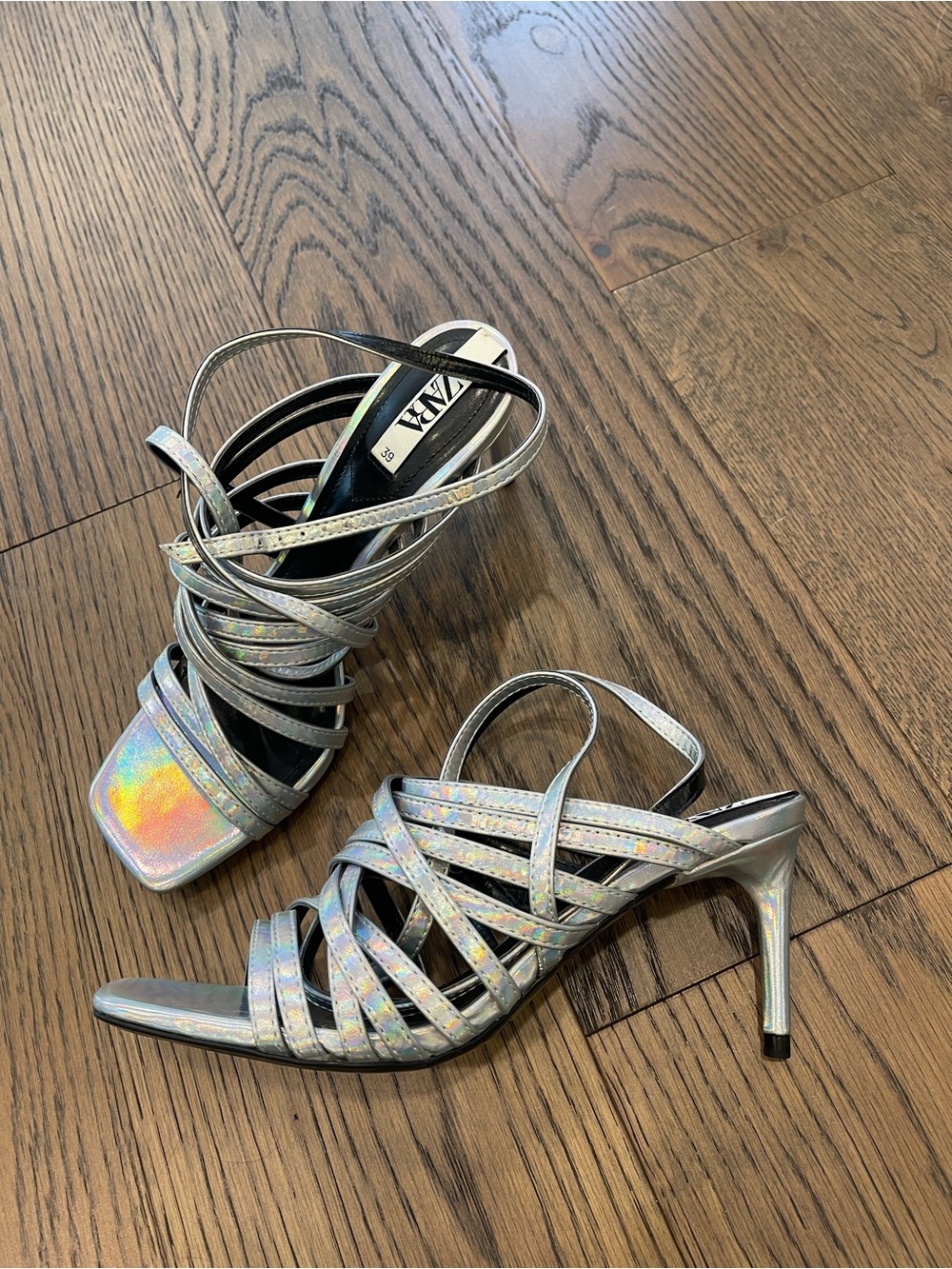 New Zara Silver Strappy Wrap Heels 39
